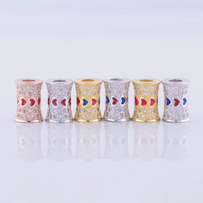 perles en gros DIY Top Quality Copper Metal Inlaid Cubic Zircon with Enamel Heart Long Tube Spacer Beads For Jewelry Making | Украшения и