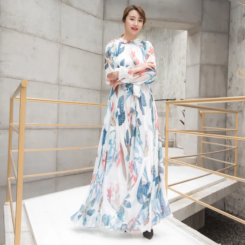 Платье с длинным рукавом белое Тропическое пляжное винтажное Макси платье в