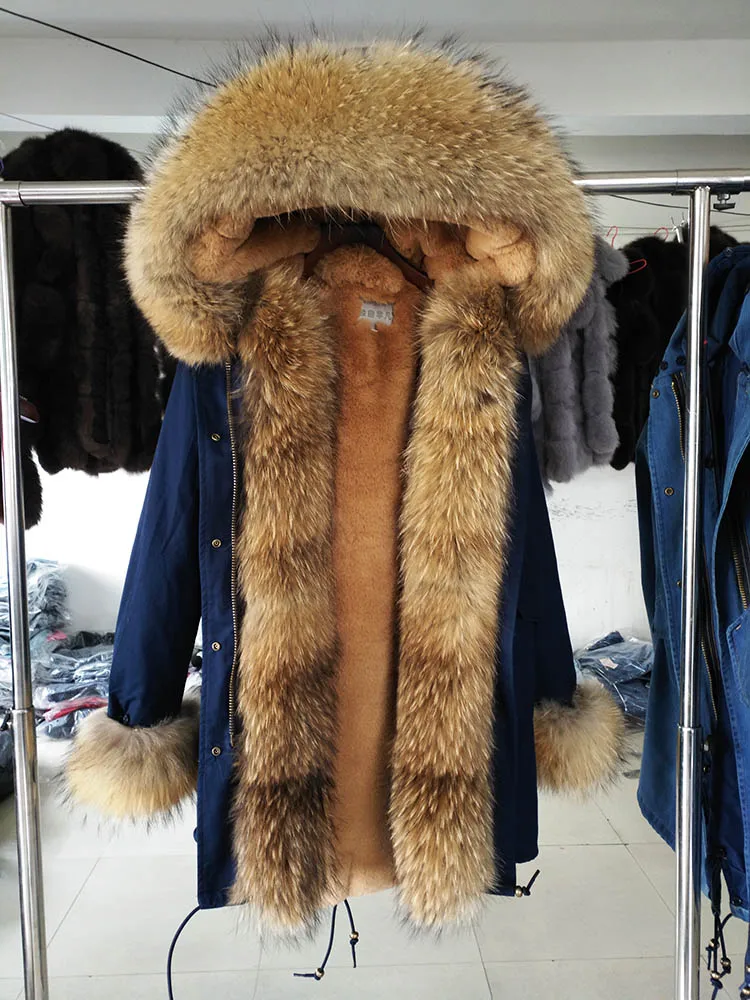 30 long raccoon fur Меховая женская зимняя теплая большая парка из натурального Лисьего меха с воротником из натурального меха с теплой толстой меховой подкладкой Камуфляжная парка куртка - Цвет: 30 long raccoon fur