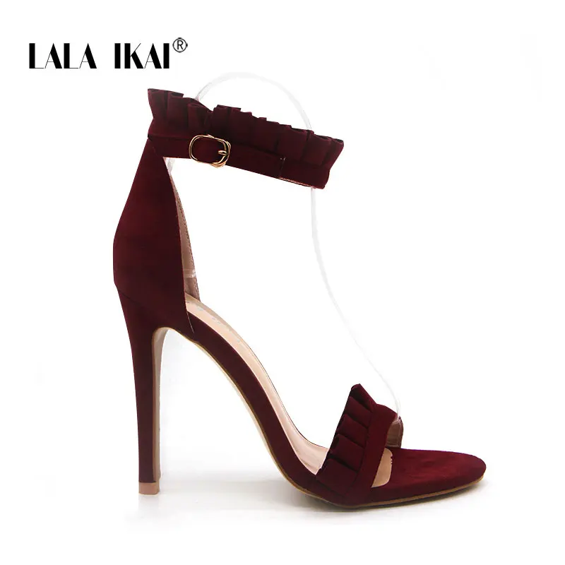 Winered LALA IKAI/женские туфли на каблуке, женские босоножки с пряжкой; туфли на высоком каблуке с ремешком на щиколотке Модные Летние босоножки Обувь для вечеринок Свадебные туфли лодочки на тонком каблуке 900C1023-5 - Цвет: Winered