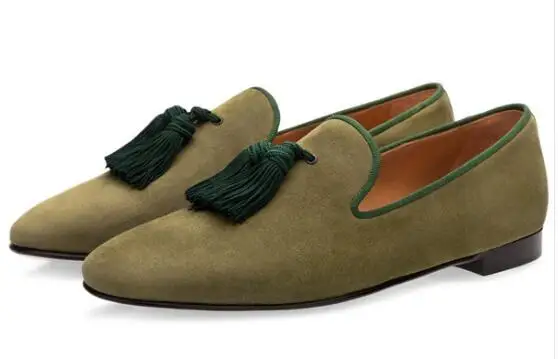 Army Green Lonelinecc/Роскошные замшевые тапочки; мужские лоферы с кисточками; велюровые мужские туфли без шнуровки на плоской подошве для вечеринки и свадьбы; Мужские модельные туфли - Цвет: Army Green