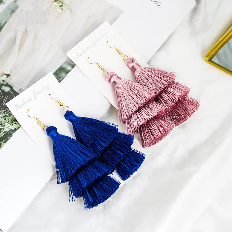HIYONG Newest 3 Layered Long Tassel Drop Earrings for Women Female Bohemian Pendant Fringe Stratified Woman Earring Gift Jewelry | Украшения