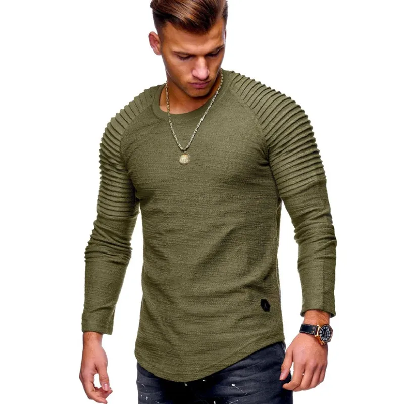 2022 Solid Color Sleeve Pleated Patch Detail Long Sleeve T-Shirt Men Spring Casual Tops Pullovers Fashion Slim Basic Tops