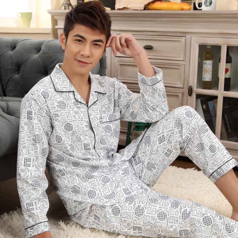 Мужской пижамный комплект из двух предметов теплая Хлопковая пижама с длинным