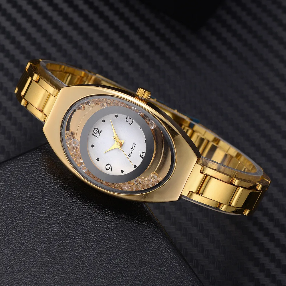 Металлический браслет кварцевый золотой Кристальный бриллиант золотые часы для