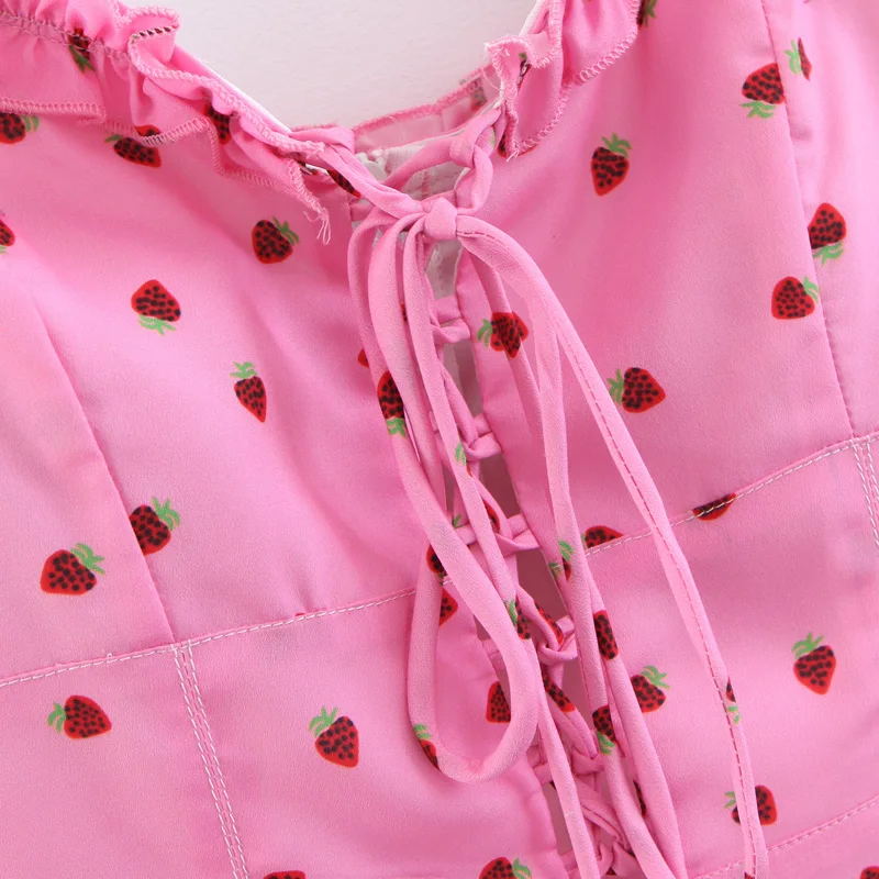 Милое розовое платье с принтом клубники милые сексуальные платья без бретелек на