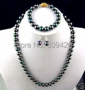 

Free Shipping 8MM black sea shell Pearl Earring bracelet necklace set
