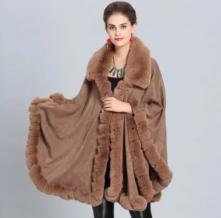 khaki Модный Роскошный кардиган ручной работы из меха кролика Рекс, пальто, накидка, свободная длинная кашемировая шаль, полная отделка, искусственный мех, плащ с отворотом, пальто r630 - Цвет: khaki