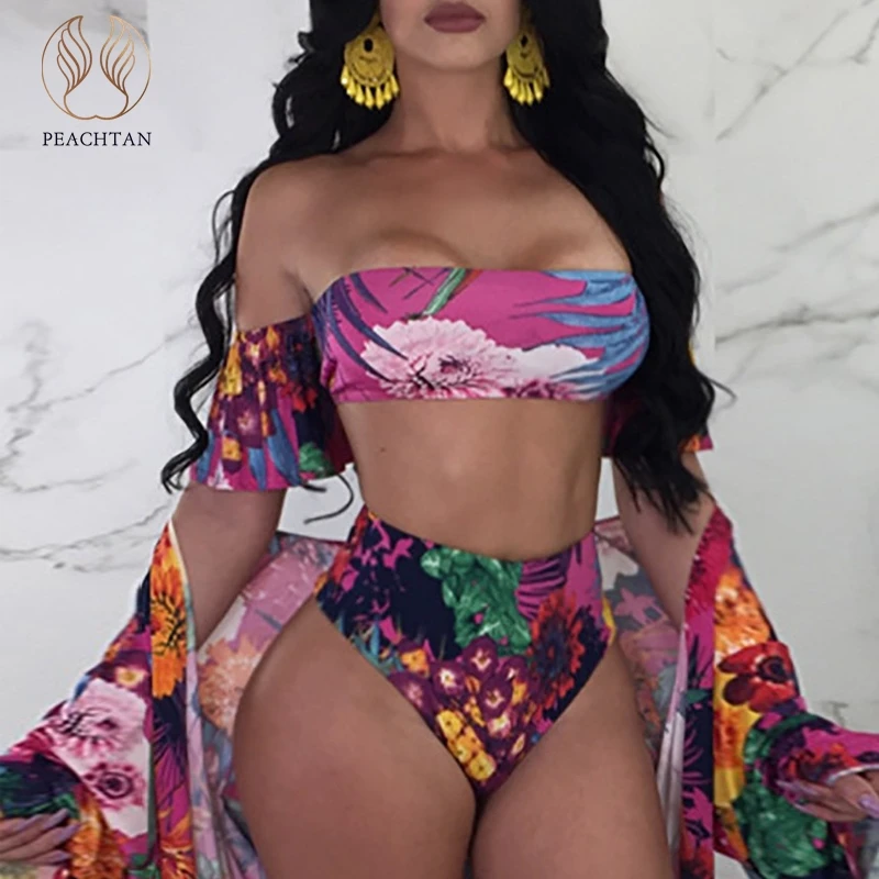 Женский купальник-бандо с высокой талией и цветочным принтом 2019 | Женская одежда
