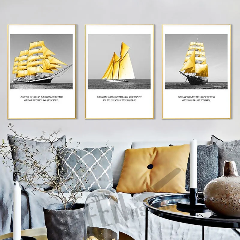 Современная картина без рамки с золотым морским парусником холст креативные