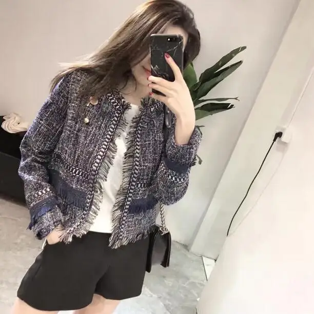 Женская твидовая куртка с бахромой и длинным рукавом короткая верхняя одежда