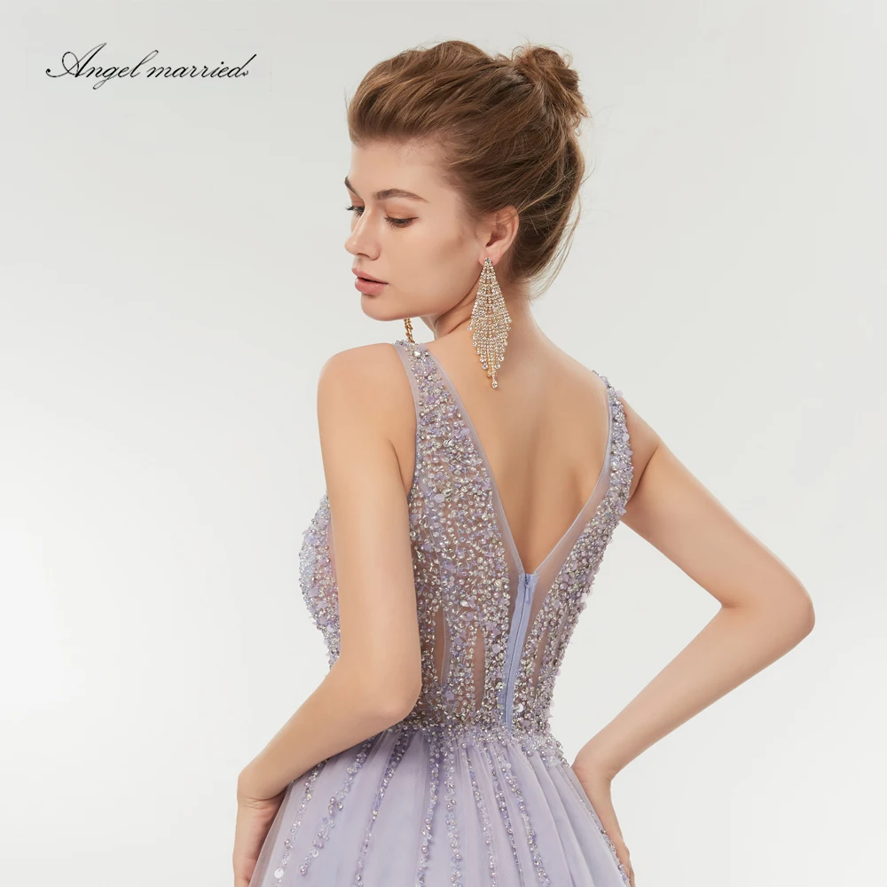 Angel married fashion Evening Dresses with slit low v neck crystal prom gowns women pageant dress formal party vestidos | Свадьбы и