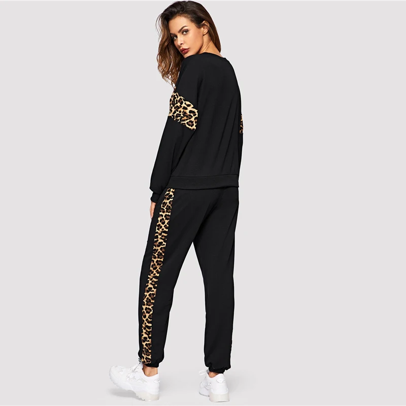 SHEIN Спортивный Костюм С Леопардовым Принтом Контрастная Толстовка И Брюки Женские Повседневные Комплекты С Леопардовым Принтом