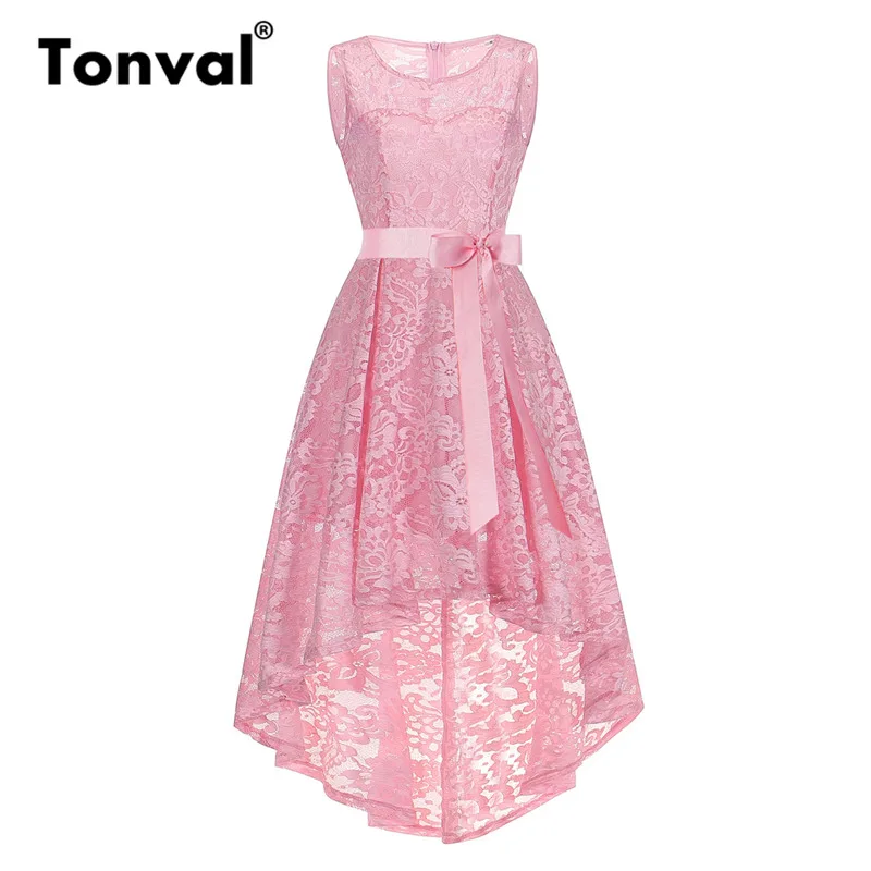 Розовый Tonval, шикарное, с высоким, низким подолом, цветочное, кружевное, миди, официальное платье для женщин, Ретро стиль, белые платья, элегантное вечернее платье - Цвет: Розовый