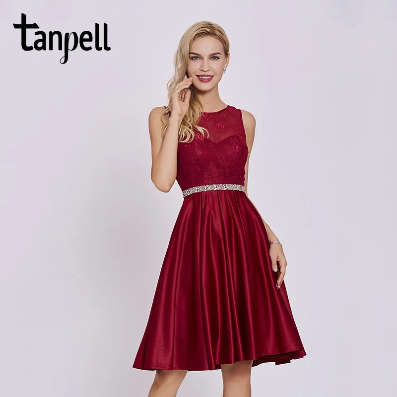 

Tanpell beaded lace cocktail dress burgundy sleeveless knee length a line gown women homecoming formal short cocktail dresses