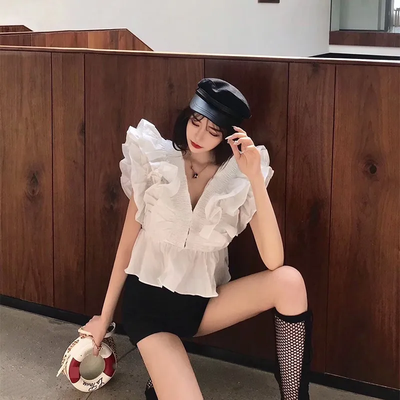 Женская блузка с оборками короткая Туника без рукавов V образным вырезом в