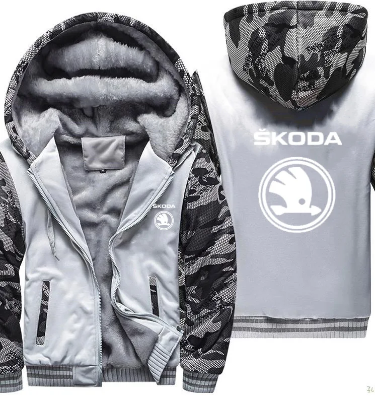 Hoodies Men Skoda Car Logo Print Jacket Mens Hoodies Winter Thicken Warm Fleece cotton Zipper Camouflage Raglan Mens Coat Jacket