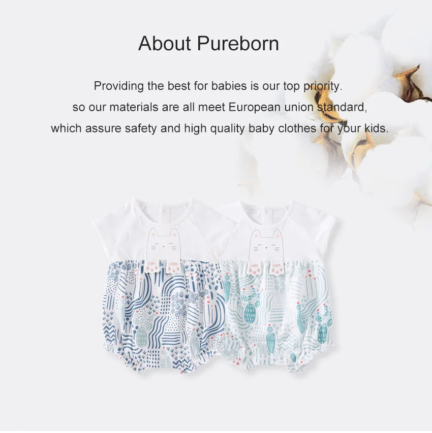 Pureborn Baby/боди с короткими рукавами; одежда для малышей с круглым вырезом; одежда для маленьких мальчиков и девочек; комбинезон для младенцев; комбинезоны; Одежда для новорожденных