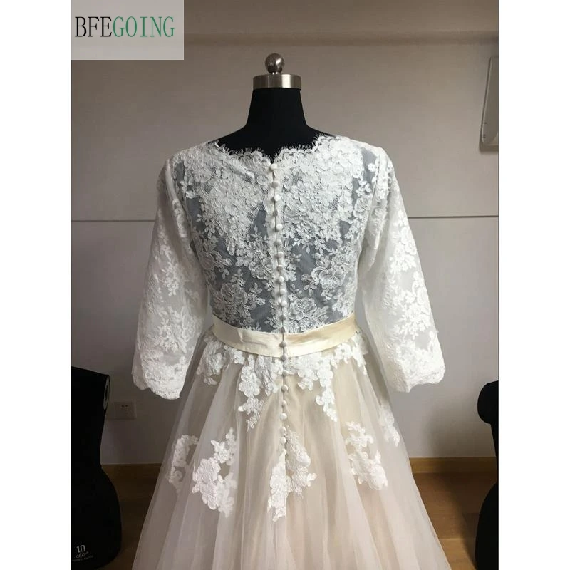 Ivory Lace Tulle Floor-Length V-Neck A-line Wedding dresses 3/4 Sleeves Bridal Gown Custom made | Свадьбы и торжества