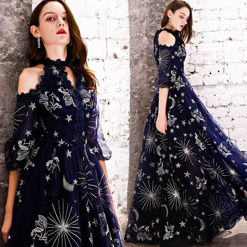 SSYFashion новое черное вечернее платье с лямкой на шее, рукав до локтя, длина до пола, блестящее платье для выпускного вечера, на заказ, вечерние платья - Цвет: Тёмно-синий