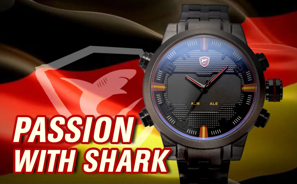 Sawback Angel SHARK спортивные часы с двойным временем цифровой светодиодный Аналоговый Дата День черный красный ремешок из нержавеющей стали Мужские кварцевые часы/SH197