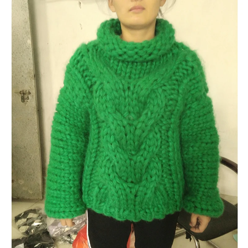 Autumn Women Thick Warm High-necked Long sleeve pullover sweater 2018 Fashion design Pure Hand-made Green Sweater coat | Женская одежда