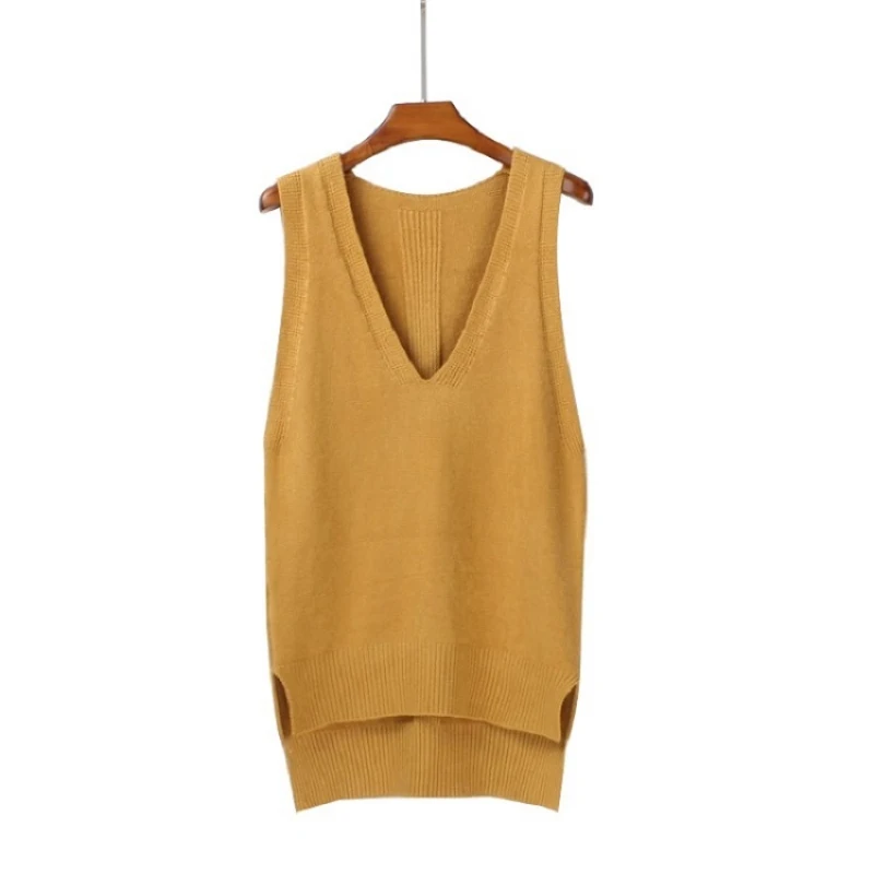 Nice Spring Loose Vest V Neck Knitted Sleeveless Sweater For Women Side Split Grey Sweaters Vests Pullover Female Waistcoat | Женская