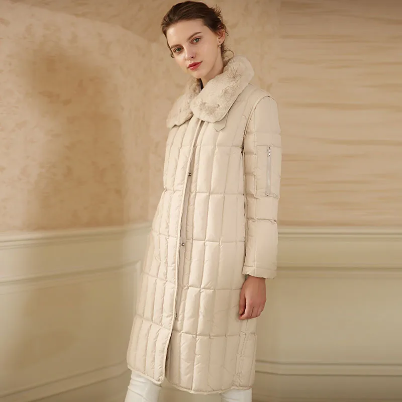 Новинка Женское зимнее длинное пуховое пальто с меховым воротником женские 90%