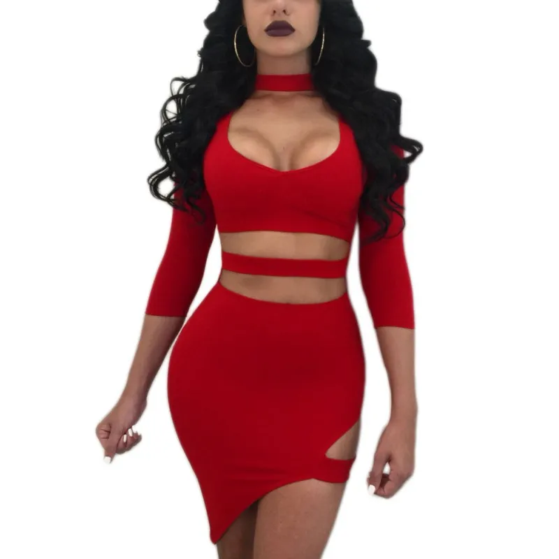 Красный YSMARKET Vestidos женское сексуальное облегающее Бандажное платье, летнее Открытое платье с рукавом 3/4, облегающее повседневное Клубное вечернее платье, мини короткое - Цвет: Красный