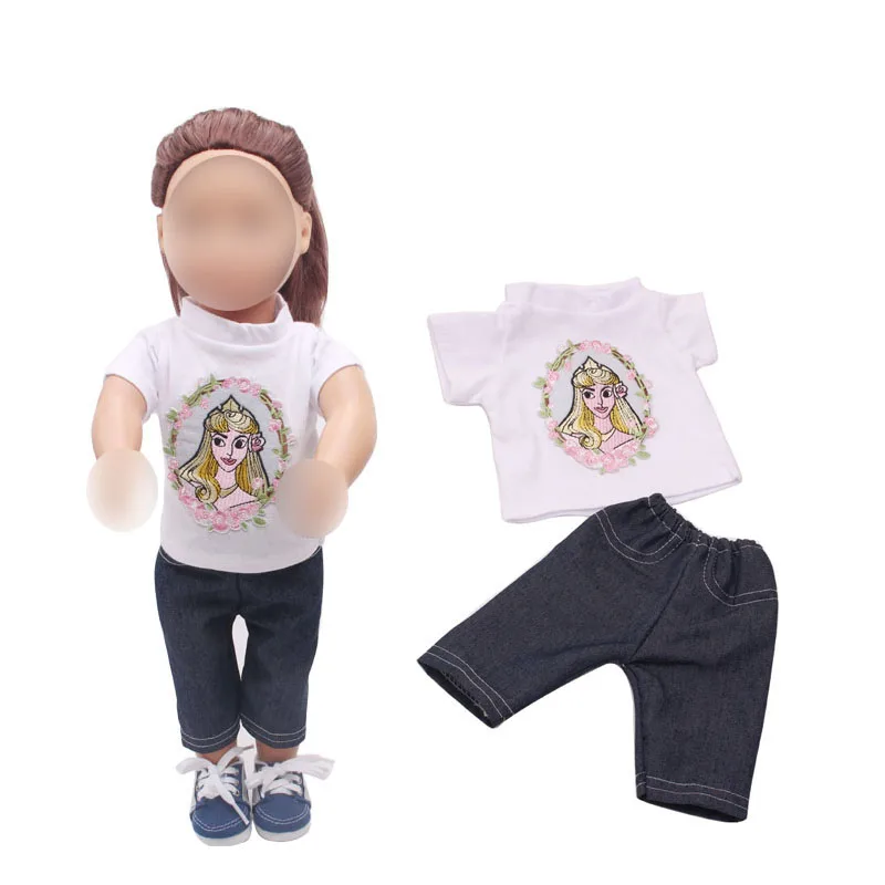 

18 inch Girls doll clothes Goddess print white T-shirt + trousers American new born Baby toys fit 43 cm baby c348