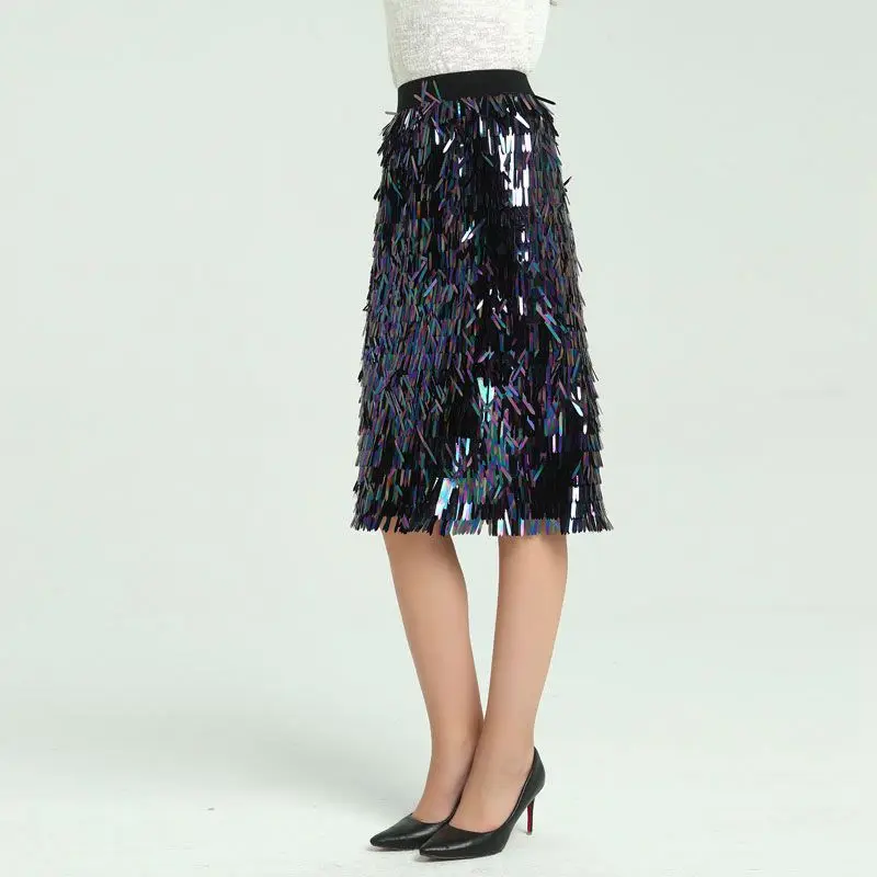 RealShe Winter Sexy Sequins Pencil Skirt Autumn High Waist Skirt Elegant Elastic Waist Bodycon Knee Length Skirts Womens