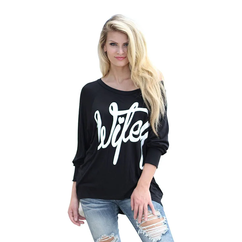 Женщины Футболка Широкий Лодка Шеи С Плеча Черный Длинным Рукавом Печати