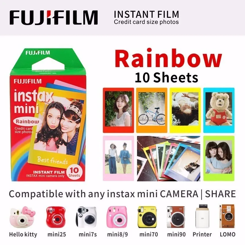 rainbow 10 Sheets ЖК-дисплея с подсветкой FUJIFILM FUJI INSTAX MINI 9 пленка глянцевая фотобумага в 1 пакет для SP1 SP2 70 7cs 8 25 90 50 Lomo - Цвет: rainbow 10 Sheets