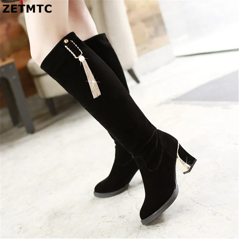 

Women Knee High Boots Square High Heel Fashion Platform Boots Crystal Zipper Autumn Winter Boots Female Shoes 2019 New