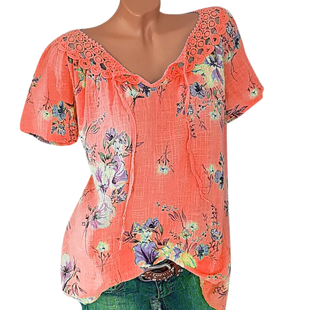 Футболка женская с коротким рукавом и принтом кружевная треугольным вырезом