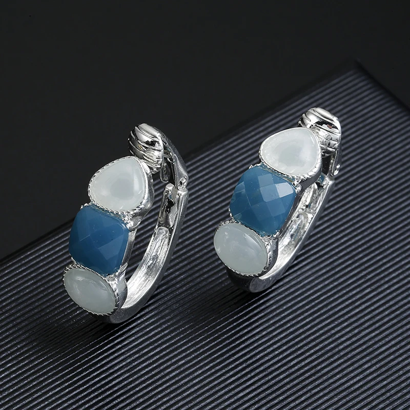 blue Модные серьги-клипсы без пирсинга, золотые, серебристые, геометрические, изысканный камень из смолы, овальные серьги-клипсы для женщин, вечерние ювелирные изделия в подарок - Окраска металла: blue