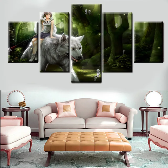5 Piece Canvas Painting Princess Mononoke HD Print The White Wolf Poster Wall Art Decor For Living Room | Дом и сад