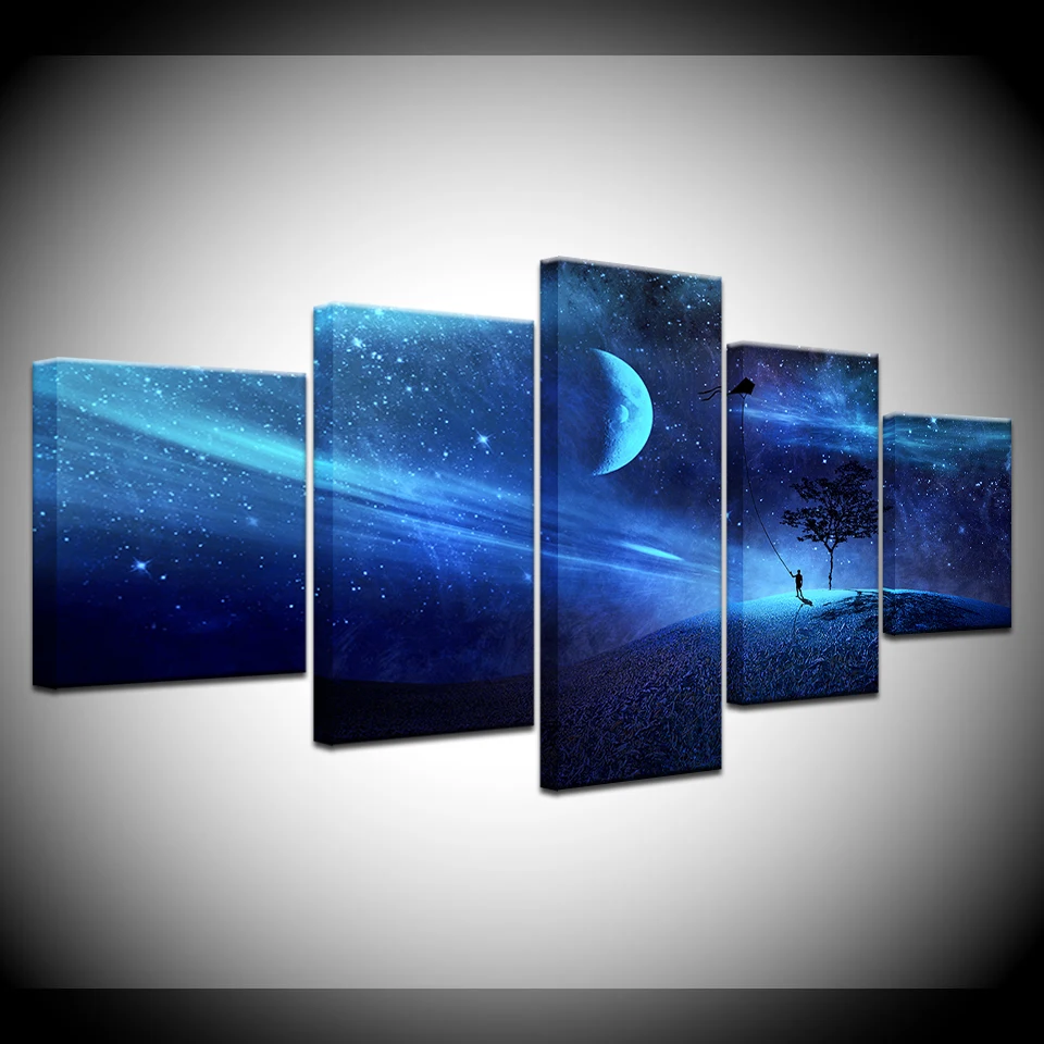 

HD Print Wall art canvas 5 Panel boy kite Landscape Modular Picture Starry Sky Poster Art Canvas Painting For Living Room