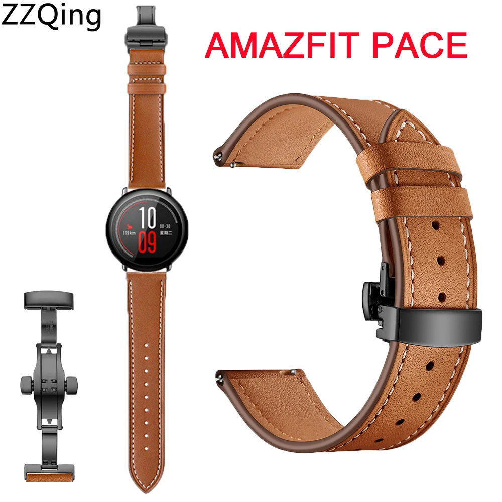 Ремешок кожаный для Xiaomi huami amazfit pace /Amazfit Stratos 2 браслет с застежкой бабочкой часов