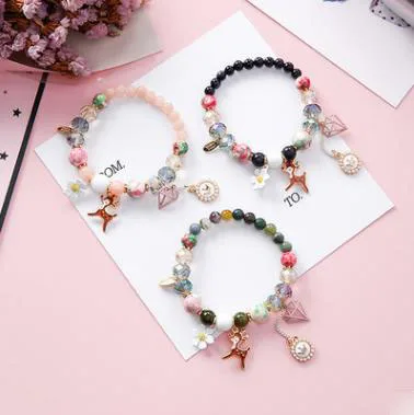 Bohemian style small fresh flower powder crystal stone fawn pearl crown creative beaded bracelet | Украшения и аксессуары