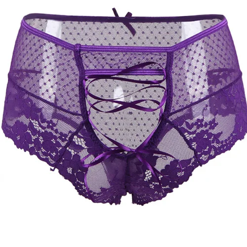 Purple Кружевные короткие женские трусики с высокой талией, однотонные прозрачные трусики размера плюс, сексуальное женское нижнее белье, эротические кружевные трусики - Цвет: Purple