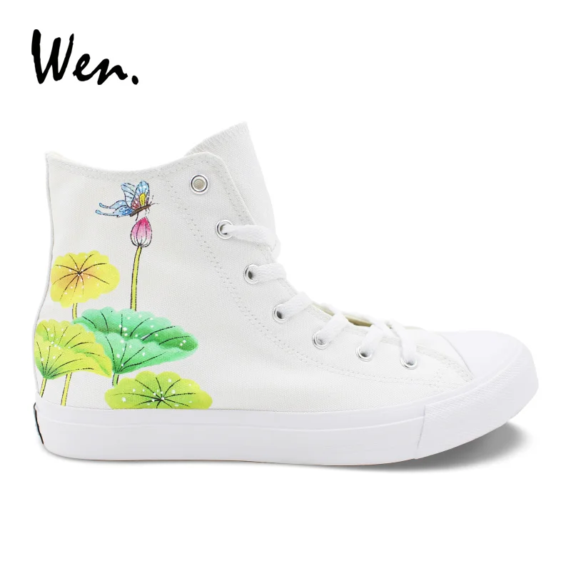 

Wen Design Chinoiserie Buttefly Lotus Hand Painted Shoes Original High Top Laced Men Canvas Sneakers Women Vulcanized Plimsolls