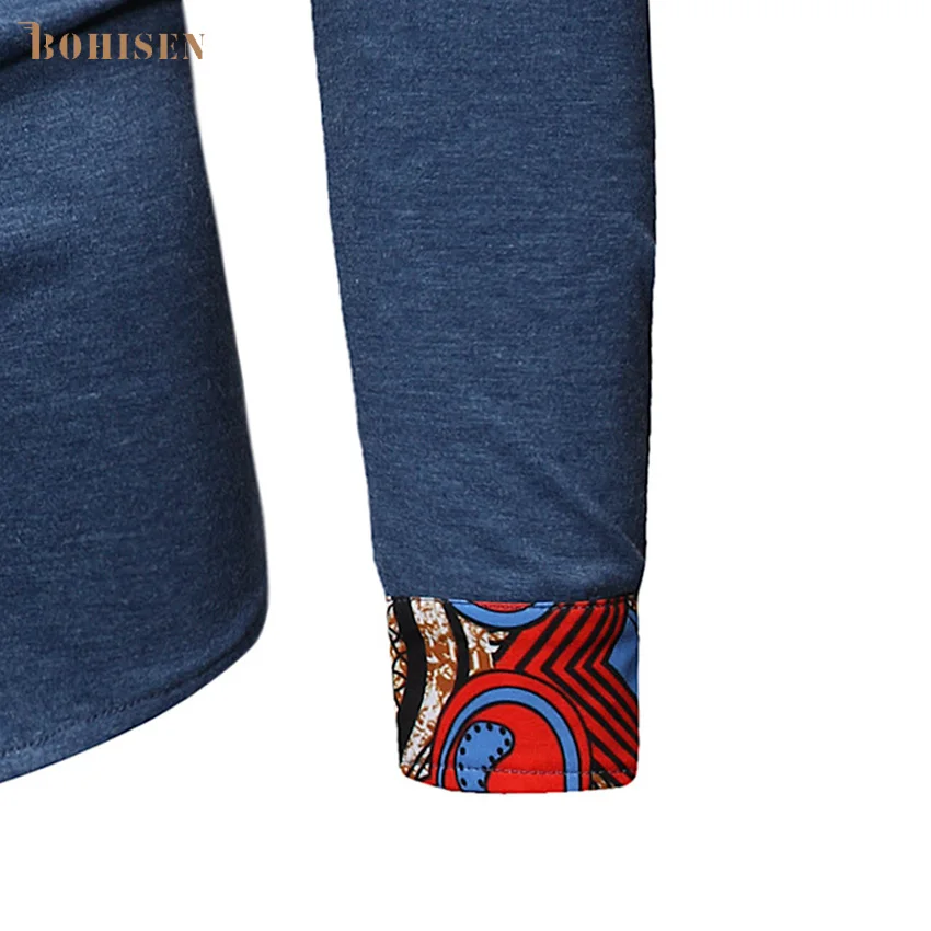 BOHISEN African Print Cotton Shirt For Men New High Stand Collar Patchwork Button Top T-shirt Slim Fitted Men's Kente Clothing |