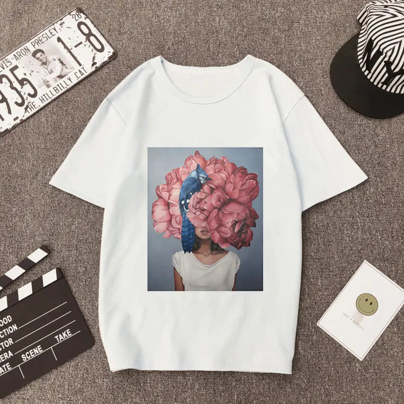 Большие размеры, женская летняя модная повседневная футболка с принтом, Женские топы с цветочным принтом и перьями, свободные топы с коротким рукавом и круглым вырезом, футболки, Camisetas Mujer