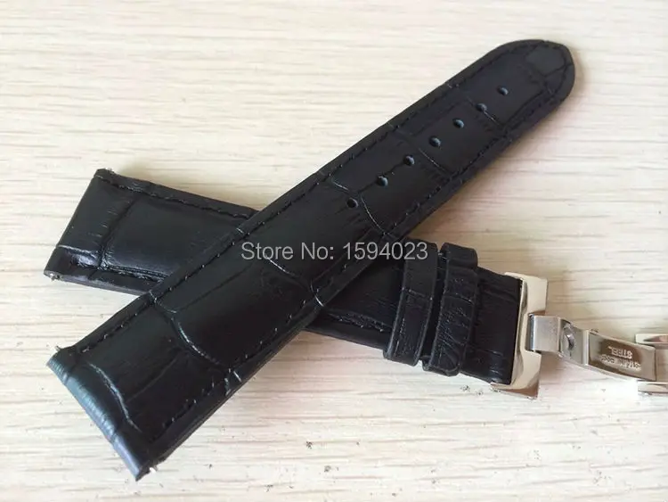 Ремешок из натуральной кожи для мужских часов черный браслет с серебристой