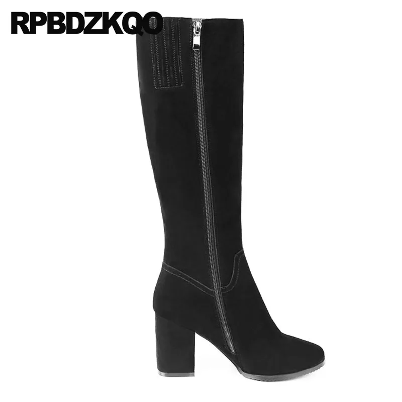 High Heel Shoes Brand Women Winter Boots Genuine Leather Knee Long Luxury Riding Chunky Autumn Equestrian Round Toe Suede