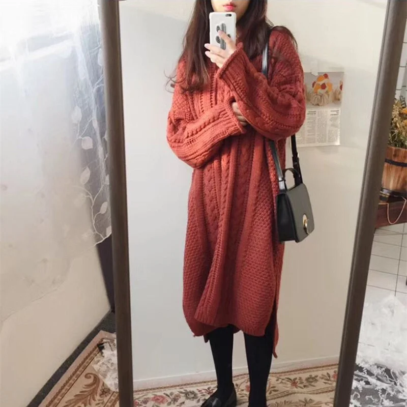 Осень зима длинный пуловер свитер платье с длинным рукавом для женщин в