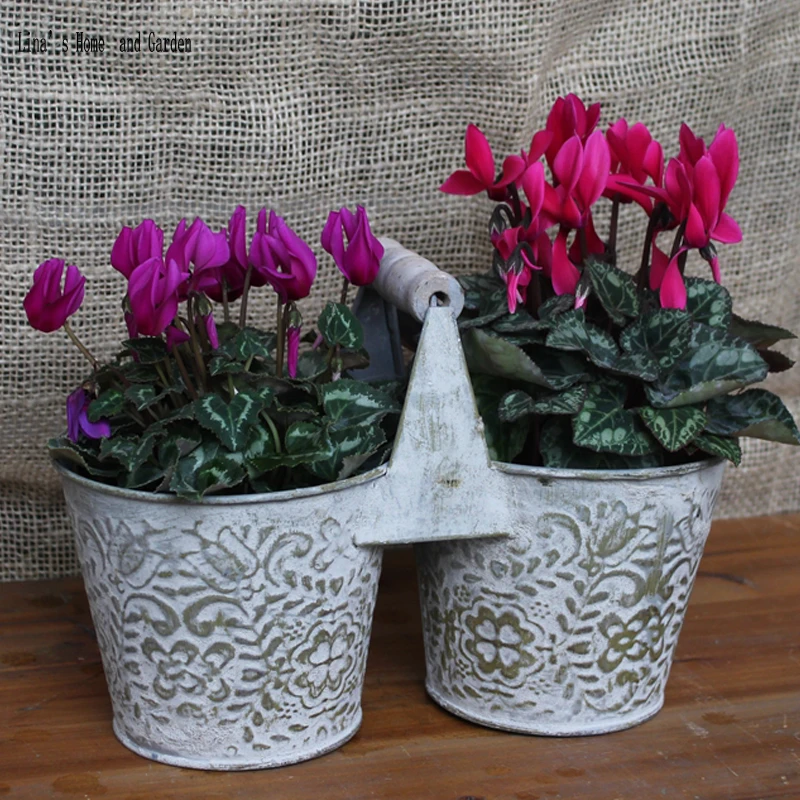 

retro antique metal handcrafted double flower pot with handle