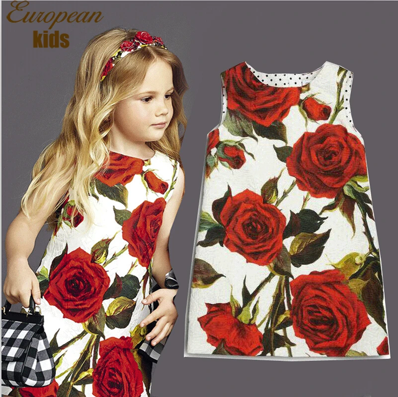 W.L.MONSOON Baby Girls Dress Rose Floral Pattern A-Line Princess Dress Girls Clothes European Style Kids Dresses Vetement Fille