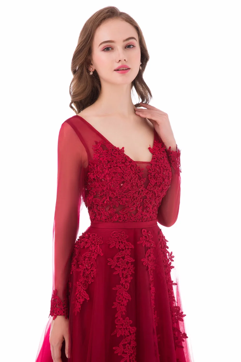Винно-красное вечернее платье длинное 2020 Тюль с кружевной аппликацией и длинными